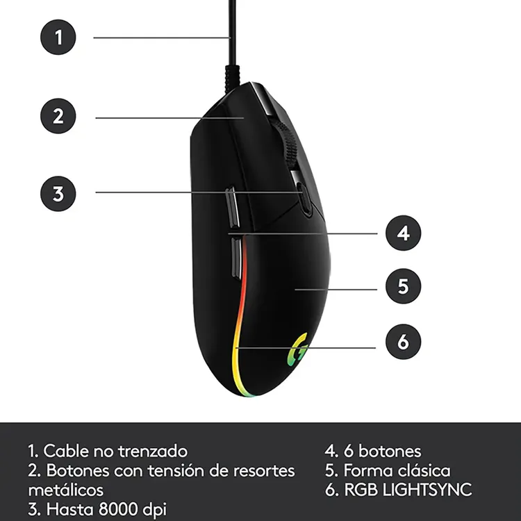 Mouse LOGITECH G Alámbrico Gaming Lightsync G203 Negro