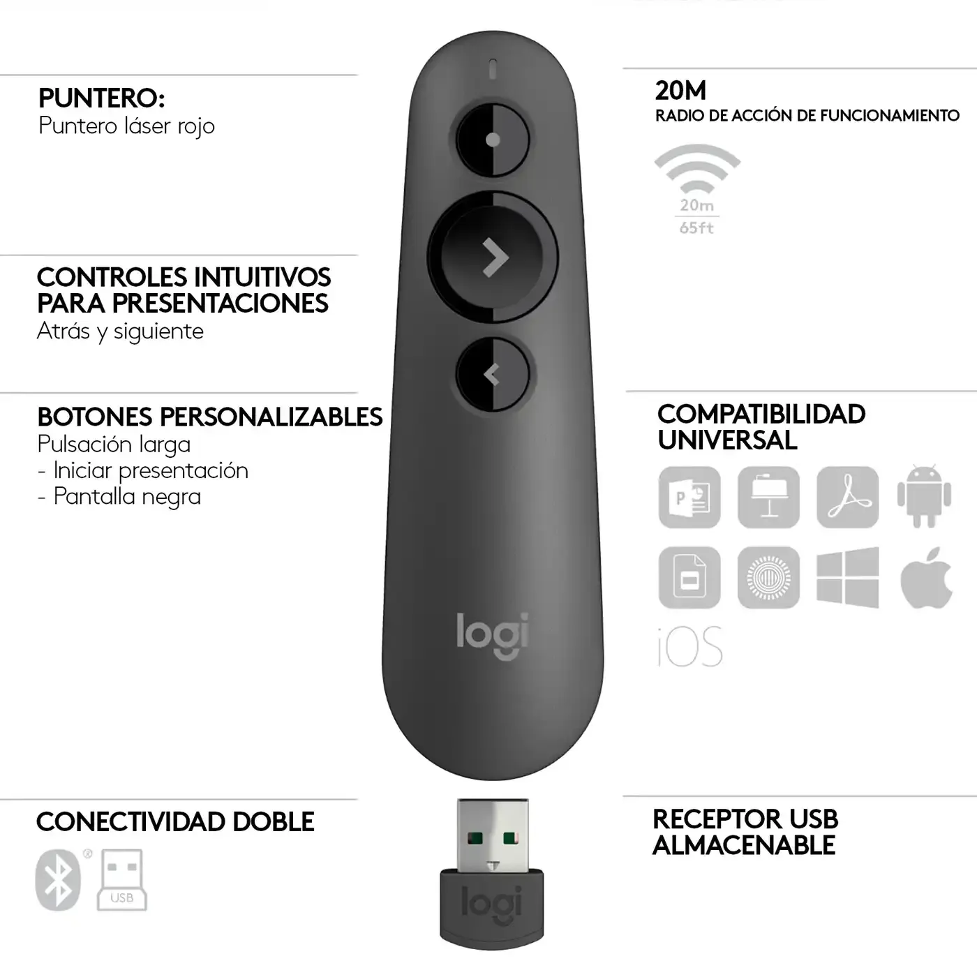 Presentador LOGITECH Inalámbrico Bluetooth Laser Luz Roja R500