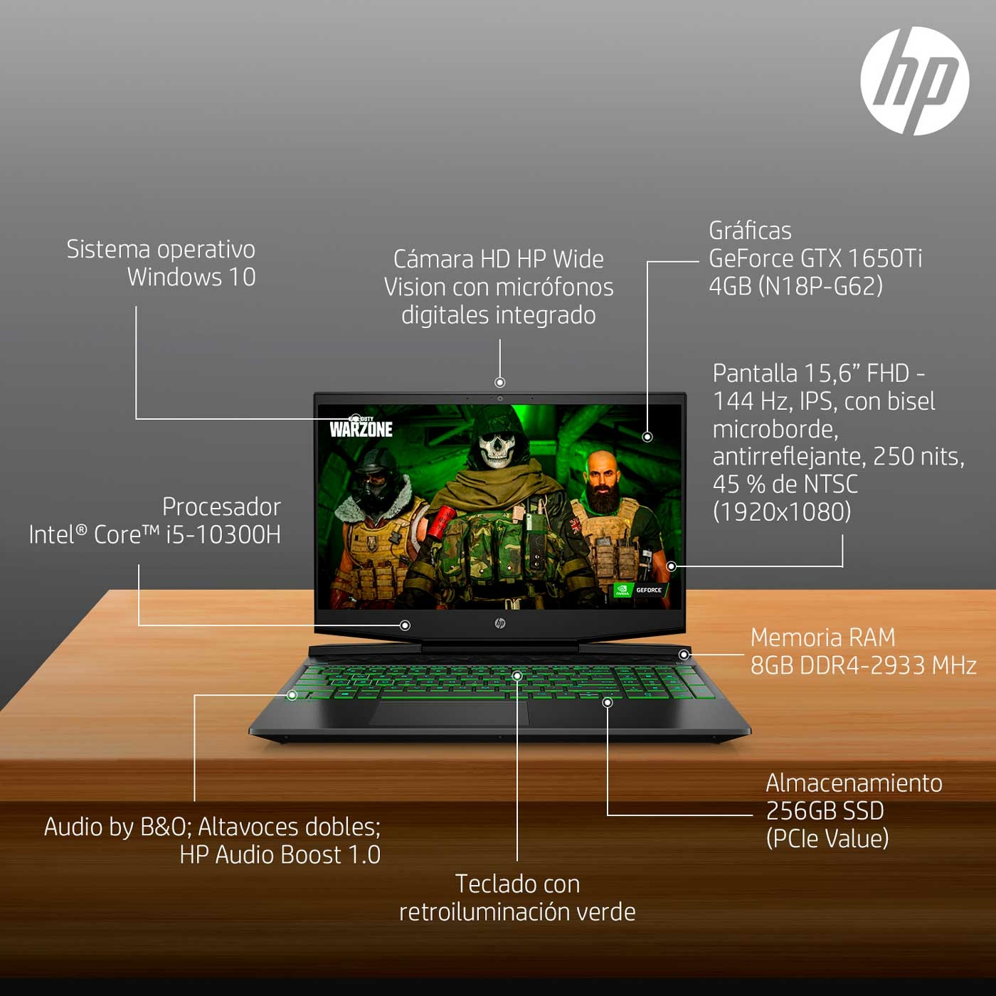 Computador Portátil Gamer HP 15.6" Pulgadas dk1505la - Intel Core i5 - RAM 8GB- Disco SSD 256 GB - Negro