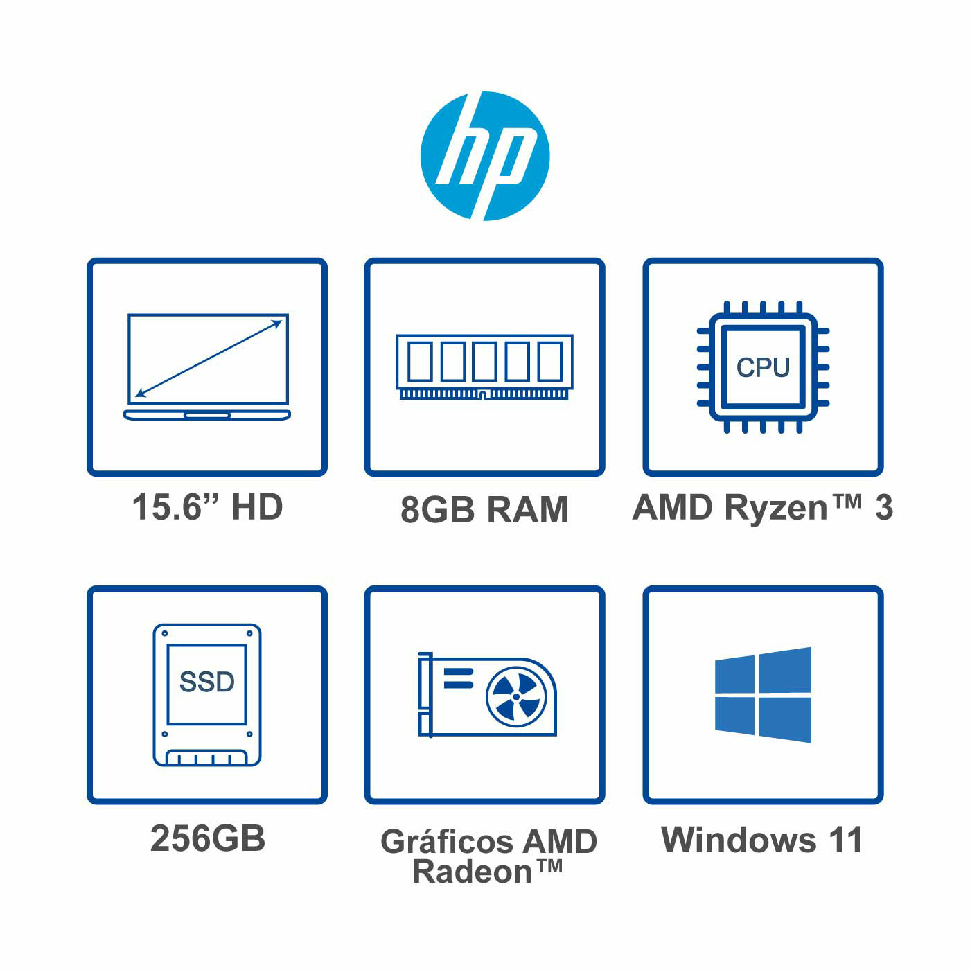 Computador Portátil HP 15.6" Pulgadas ef2512la - AMD Ryzen 3 - RAM 8GB - Disco SSD 256 GB - Gris