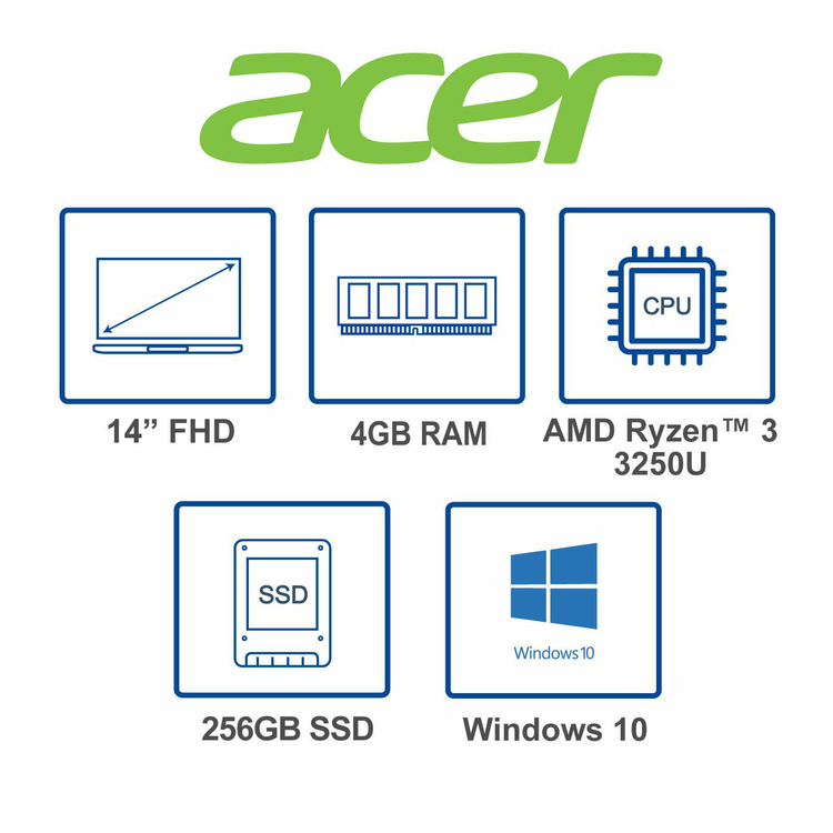 Computador Portátil ACER 14" Pulgadas R9GE - AMD Ryzen 3 - RAM 4GB - Disco SSD 256GB - Plateado