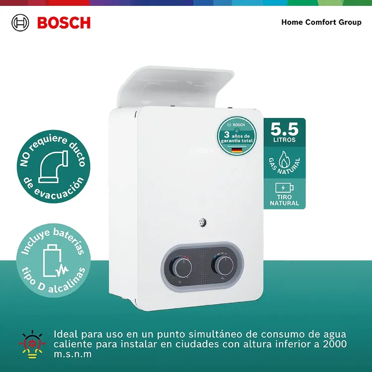 Calentador de Paso BOSCH 5.5LTS Tiro Natural Gas Natural Therm 1200 Blanco