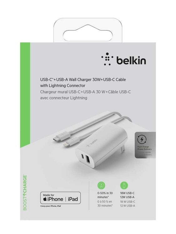 Adaptador|Cargador de Pared BELKIN Dual 32w (USB-C 20w |USB 12w) + Cable USB-C a Lightning 1.2 Metros Negro