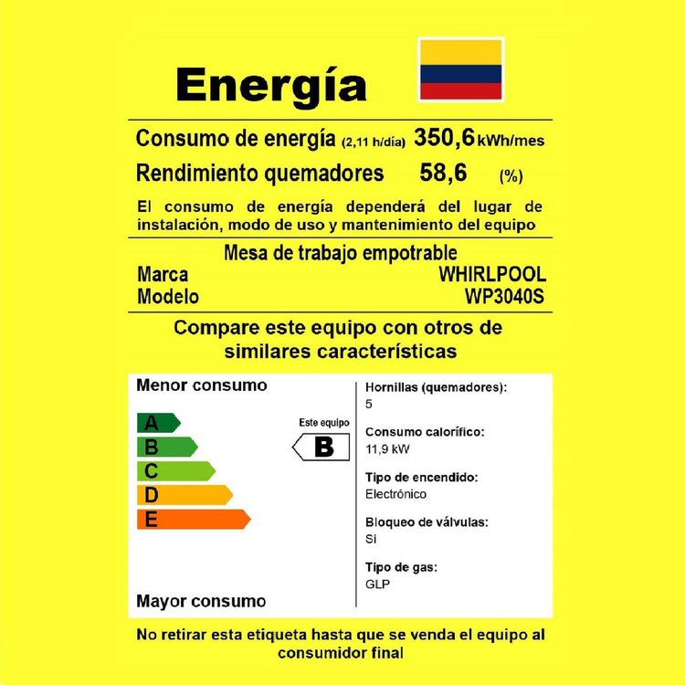 Estufa de empotrar WHIRLPOOL 74Cms 5 Puestos Gas Propano WP3040S Gris Estufa de empotrar WHIRLPOOL 74Cms 5 Puestos Gas Propano WP3040S Gris