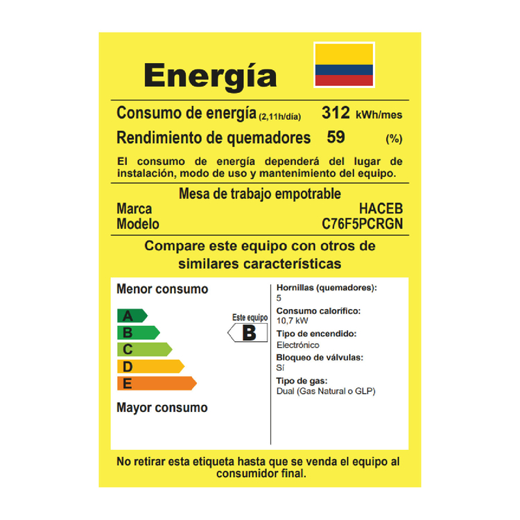 Estufa de empotrar HACEB 76cms 5 Puestos Gas Natural APL CG 76 Negro