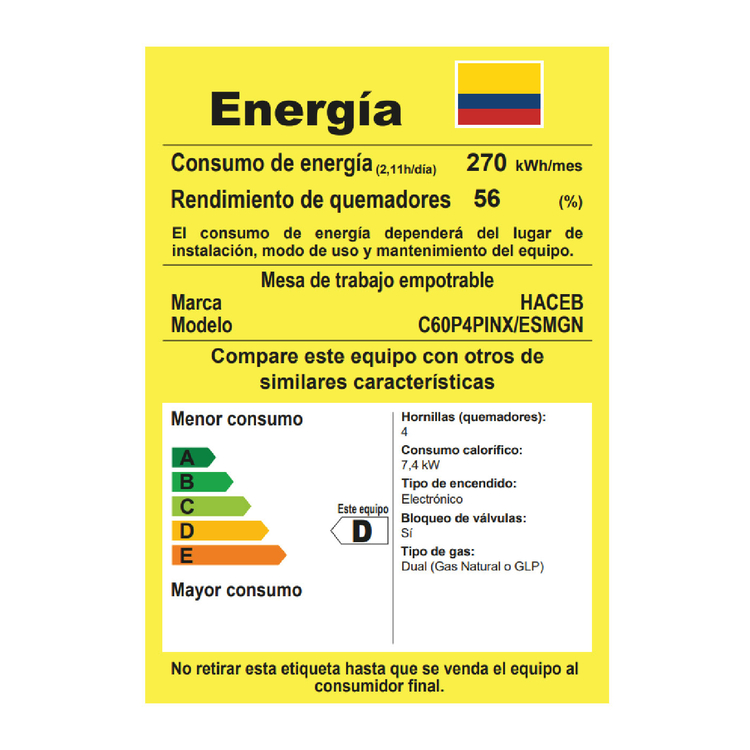 Estufa de empotrar HACEB 60cms 4 Puestos Gas Natural CG 60 ESM Negro