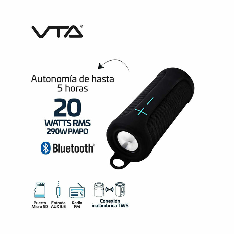 Parlante VTA Inalámbrico Bluetooth Super Bass 2 en 1 función TWS| Radio FM|Puerto USB|Micro SD 20W